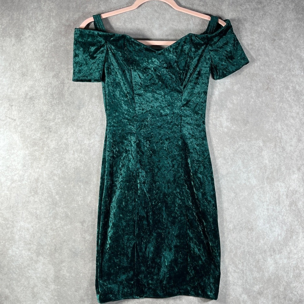 Vintage Marnie West Dress Womens Small Green Crushed Velvet Off Shoulder 80s 90s